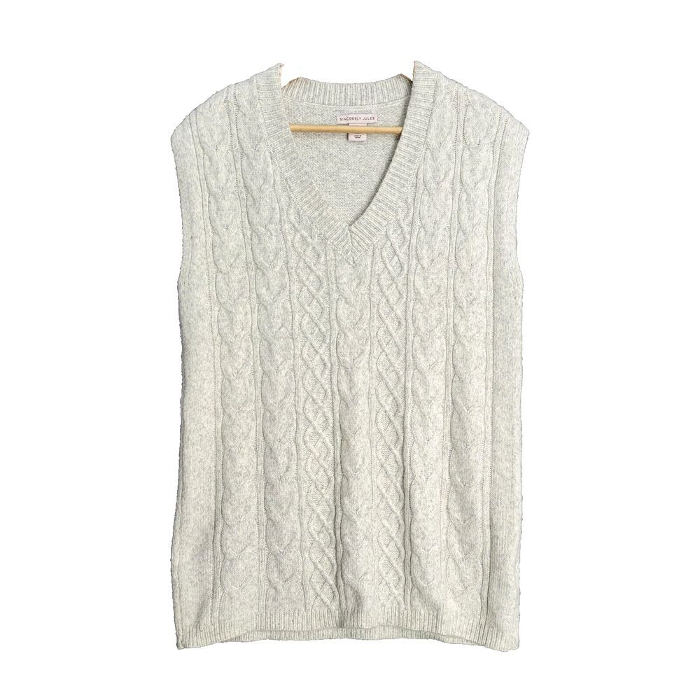 Sincerely Jules Sweater Vest Womens Large Gray Long V-Neck Cable Knit Sleeveless